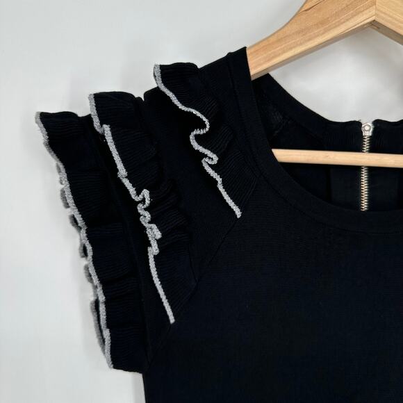 Parker April Knit Ruffle Dress Tiered Flutter Sleeve Fit and Flare Dress Black - Picture 8 of 15